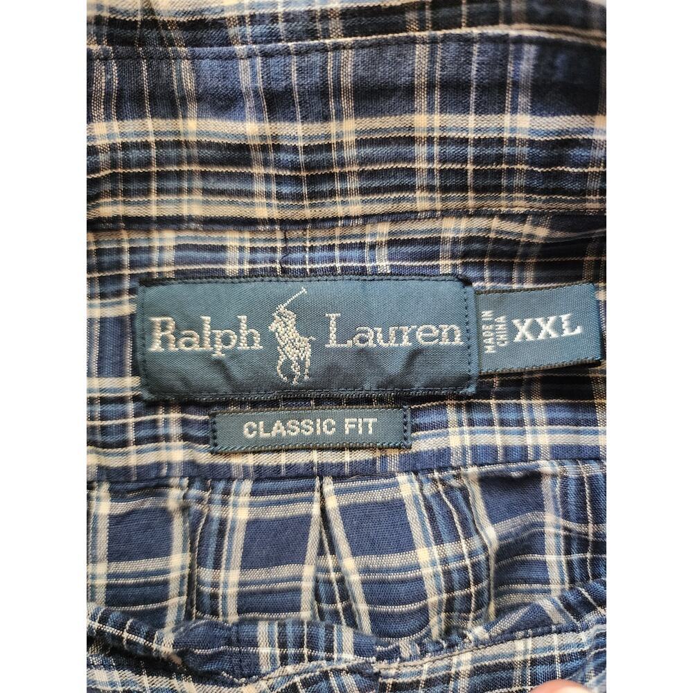 Ralph Lauren Mens XXL Blue Plaid Classic Fit Linen -Cotton Blend Button Down - Picture 7 of 8